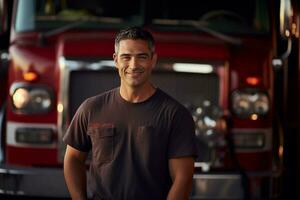 ai generado retrato de masculino bombero sonriente en frente de fuego camión bokeh estilo antecedentes foto