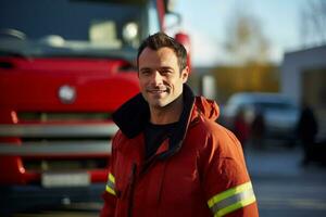 ai generado retrato de masculino bombero sonriente en frente de fuego camión bokeh estilo antecedentes foto