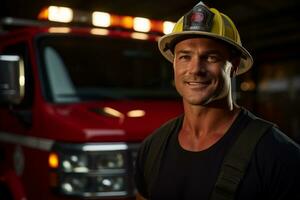 ai generado retrato de masculino bombero sonriente en frente de fuego camión bokeh estilo antecedentes foto