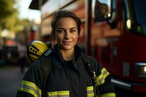 AI generated portrait of male firefighter smiling in front of fire truck bokeh style background photo