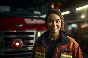 ai generado retrato de masculino bombero sonriente en frente de fuego camión bokeh estilo antecedentes foto