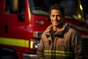 AI generated portrait of male firefighter smiling in front of fire truck bokeh style background photo