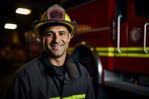 ai generado retrato de masculino bombero sonriente en frente de fuego camión bokeh estilo antecedentes foto