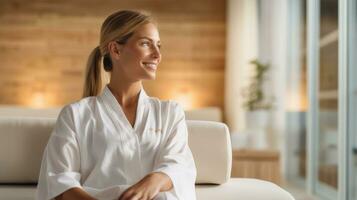 ai generado un mujer en un spa túnica sentado en un sofá foto