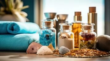 AI generated spa products in bottles on a table photo