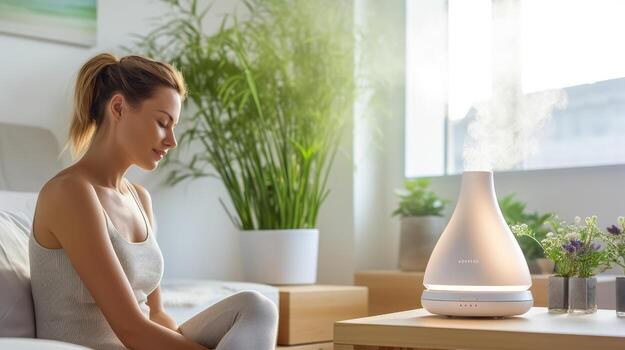 AI generated a woman sitting on a bed with an aroma diffuser photo