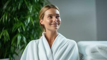 AI generated a woman in a white robe sitting in a spa photo