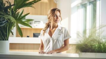 AI generated a woman in a white shirt standing at the front desk photo