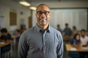 ai generado retrato de masculino profesor sonriente en salón de clases bokeh estilo antecedentes foto