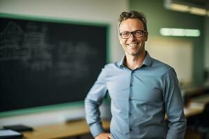 ai generado retrato de masculino profesor sonriente en salón de clases bokeh estilo antecedentes foto