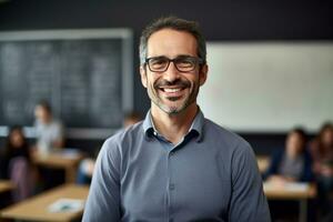 ai generado retrato de masculino profesor sonriente en salón de clases bokeh estilo antecedentes foto