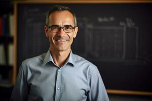 ai generado retrato de masculino profesor sonriente en salón de clases bokeh estilo antecedentes foto