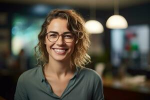 AI generated portrait of female teacher smiling in classroom bokeh style background photo