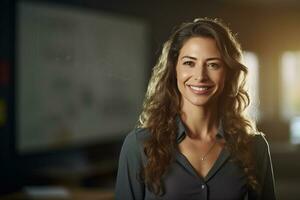 AI generated portrait of female teacher smiling in classroom bokeh style background photo