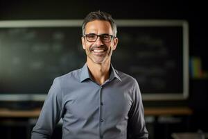 ai generado retrato de hembra profesor sonriente en salón de clases bokeh estilo antecedentes foto