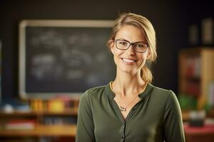 ai generado retrato de hembra profesor sonriente en salón de clases bokeh estilo antecedentes foto