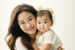 AI generated asian mother holding her baby bokeh style background photo