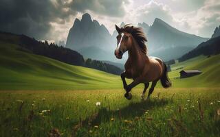 AI generated horse running pasture nature background mountains and trees photo