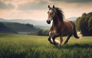 AI generated horse running pasture nature background mountains and trees photo