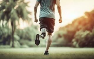 ai generado discapacitado persona vistiendo protésico pierna ejercicio en el jardín trotar con protésico piernas foto