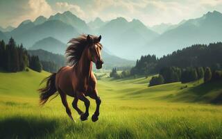 ai generado caballo corriendo pasto naturaleza antecedentes montañas y arboles foto
