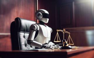 ai generado ai robot juez decide casos moderno judicial sistema juez con automatización desde androide foto