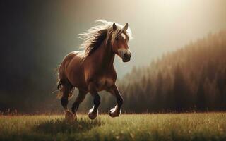 AI generated horse running pasture nature background mountains and trees photo