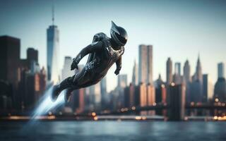 AI generated A person wearing a jet suit flies over the sky in New York City America Personal aviation technology photo