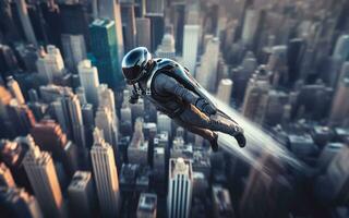 AI generated A person wearing a jet suit flies over the sky in New York City America Personal aviation technology photo