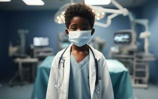 ai generado 10 año antiguo niño en del doctor uniforme tratando pacientes hospital antecedentes para niños futuro carrera ideas foto