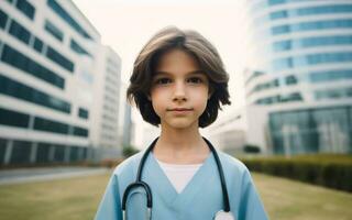 AI generated 10 year old child in doctor's uniform treating patients hospital background Children's future career ideas photo