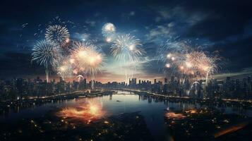 AI generated Panoramic View of City with Fireworks Welcoming New Year Eve photo