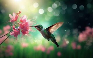 ai generado zumbador aves chupar néctar desde flor polen borroso bokeh antecedentes naturaleza verde foto