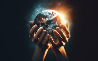 AI generated Two hands extended forward In my hand there is a small world Concept of protecting the earth saving the world photo