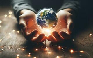 AI generated Two hands extended forward In my hand there is a small world Concept of protecting the earth saving the world photo