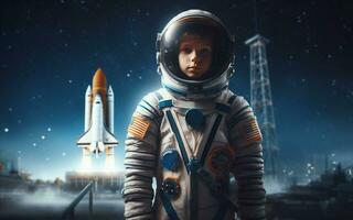 AI generated 10 year old boy in a space suit Background of space shuttle launch station and spaceship Children career dream concept photo