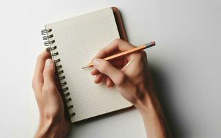 AI generated blank notebook The hand holding the pencil is about to start writing in a notebook Taking notes Drawing with a pencil photo