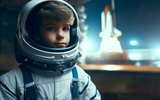 AI generated 10 year old boy in a space suit Background of space shuttle launch station and spaceship Children career dream concept photo