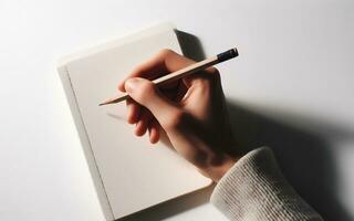 AI generated blank notebook The hand holding the pencil is about to start writing in a notebook Taking notes Drawing with a pencil photo