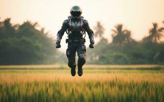 AI generated A person wearing a jet suit flies above the ground In the rural rice fields personal aviation technology photo