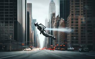 AI generated A person wearing a jet suit flies over the sky in New York City America Personal aviation technology photo