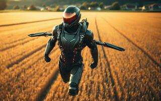 AI generated A person wearing a jet suit flies above the ground In the rural rice fields personal aviation technology photo