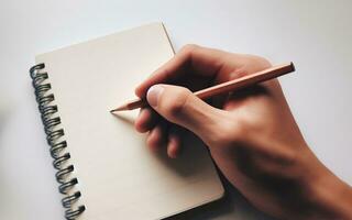 AI generated blank notebook The hand holding the pencil is about to start writing in a notebook Taking notes Drawing with a pencil photo