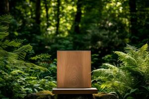 AI generated Wooden podium mockup stands empty against a natural backdrop photo