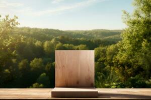 AI generated Wooden podium mockup stands empty against a natural backdrop photo