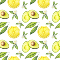 Seamless watercolor pattern with avocado, avocado leaves, lemon and lemon flowers on the transparent greed background. png