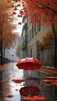 ai generado paisaje urbano con rojo paraguas reflejando en mojado pavimento en lluvioso otoño día foto