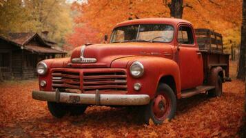 AI generated Red car driving through autumn city street with trees and leaves. photo
