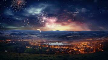 AI generated Panoramic View of Countryside with Fireworks Welcoming New Year Eve photo