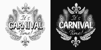 Black and white Mardi Gras label with fleur de lis symbol, feathers, text vector